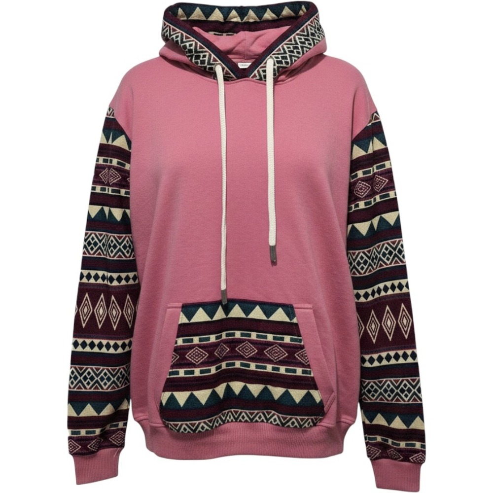 Native indigenous Geometric Print Hoodie Pullover Sweatshirt Pink maroon L‎